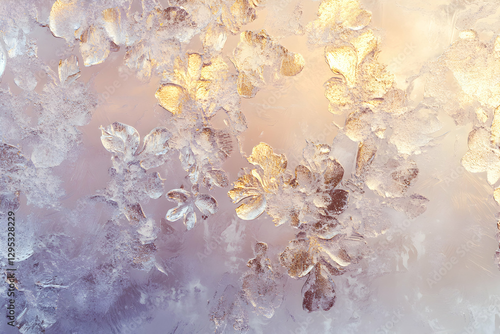 Poster captivating frosty window adorned with intricate ice patterns resembling delicate flowers, illuminat