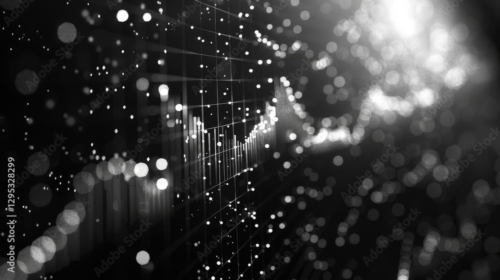 Poster futuristic digital network visualization with glowing nodes and lines on a dark background. abstract