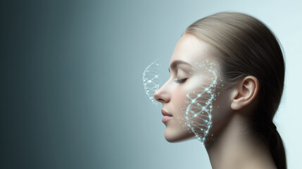 modern scientific approach to healthy aging, showcasing woman profile with digital elements representing skin rejuvenation and vitality. image conveys sense of innovation and beauty