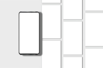 Smartphone mockup with social media stories interface mockup. Mobile app page template design for user carousel post feed. Vector illustration design interface empty template on social network
