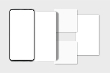 Smartphone mockup with social media post and stories interface mockup. Mobile page template design for user carousel post or stories feed. Vector illustration empty template on social network

