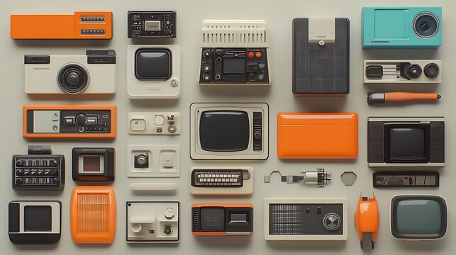 Curated flat lay showcasing a variety of vintage electronic devices from the past for a nostalgic look back at classic tech concept.