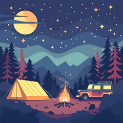Simple and charming illustration of an adventure scene with a tent, campfire, and a vehicle under a starry sky, designed in a flat and modern clip art style, 8k UHD, suitable for high-quality 