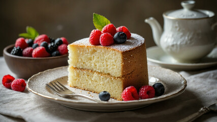 freshly baked sponge cake and berries on table, closeup
