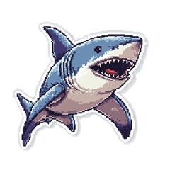 Naklejka premium Pixel Art Shark Sticker: Jaws open wide, ready to pounce!