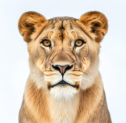 Obraz premium Captivating Portrait of a Lioness, Majestic Beauty and Intense Gaze in the Wild, highlighting the intricate details of its fur and eyes against a bright background