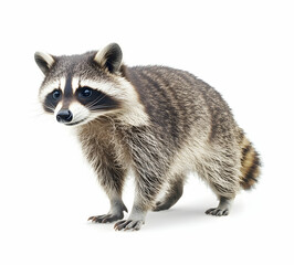 Obraz premium Captivating Portrait of a Raccoon Standing Alert on a Pristine White Background, its Fur Pattern Detailed and Expressive Eyes Reflecting its Curious Nature