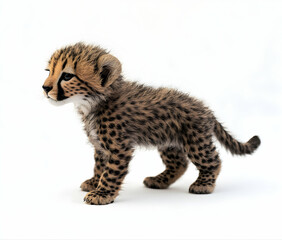 Naklejka premium Captivating Portrait of an Adorable Cheetah Cub Standing Alertly on a White Background, Showcasing its Innocence and Playfulness in High Resolution
