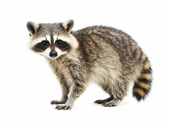 Naklejka premium Captivating portrait of a raccoon standing alert against a pristine white background, revealing its intricate fur and expressive eyes, capturing wildlife beauty