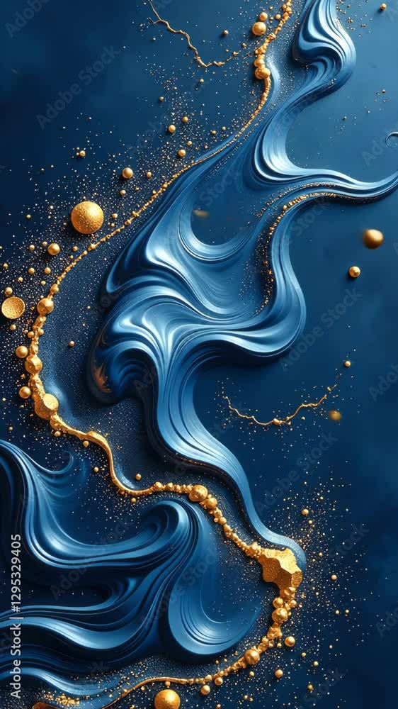 Poster a blue and gold swirl with many small gold balls. the swirl is in the middle of the image