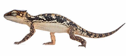 Naklejka premium Captivating studio shot showcasing the unique features of a tiny chameleon against a clean white backdrop, highlighting its exquisite details and texture