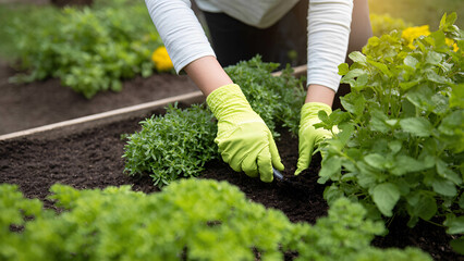 Fototapeta premium A community garden with people planting and caring for fresh herbs and vegetables