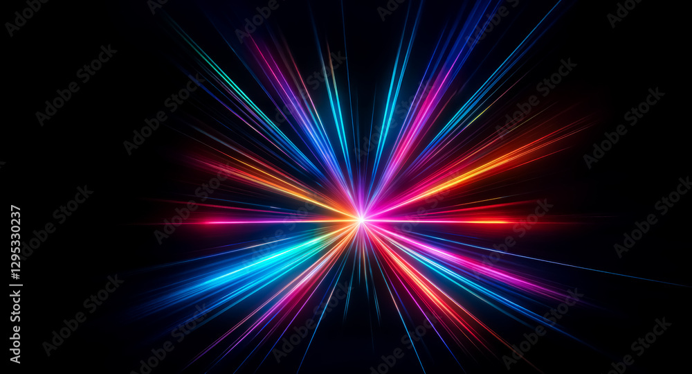 Poster vibrant light rays burst from a central point, radiating against a stark black background. dynamic a