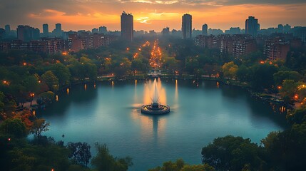 Naklejka premium City park sunrise fountain aerial view