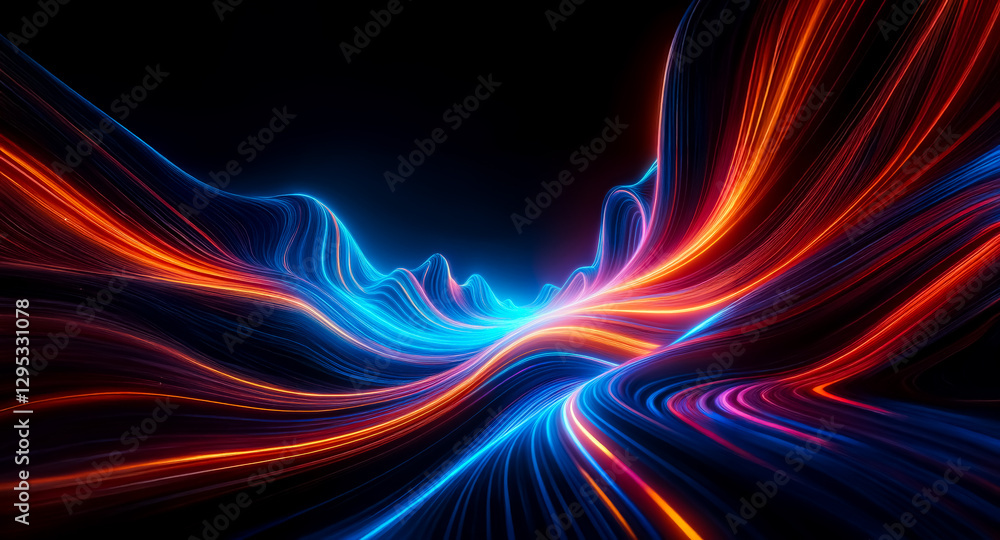 Poster an abstract image featuring flowing lines of bright orange and blue light against a dark background,