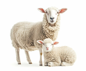 Obraz premium Charming Studio Portrait of a Mother Sheep and Her Lamb, Emphasizing the Tender Bond and the Purity of Farm Animals on a Clean White Background for Various Uses
