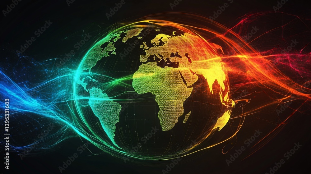Poster global network visualization with vibrant color gradient and connected light trails