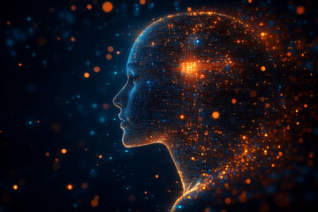 Futuristic digital head profile with glowing orange particles and cybernetic network illumination.