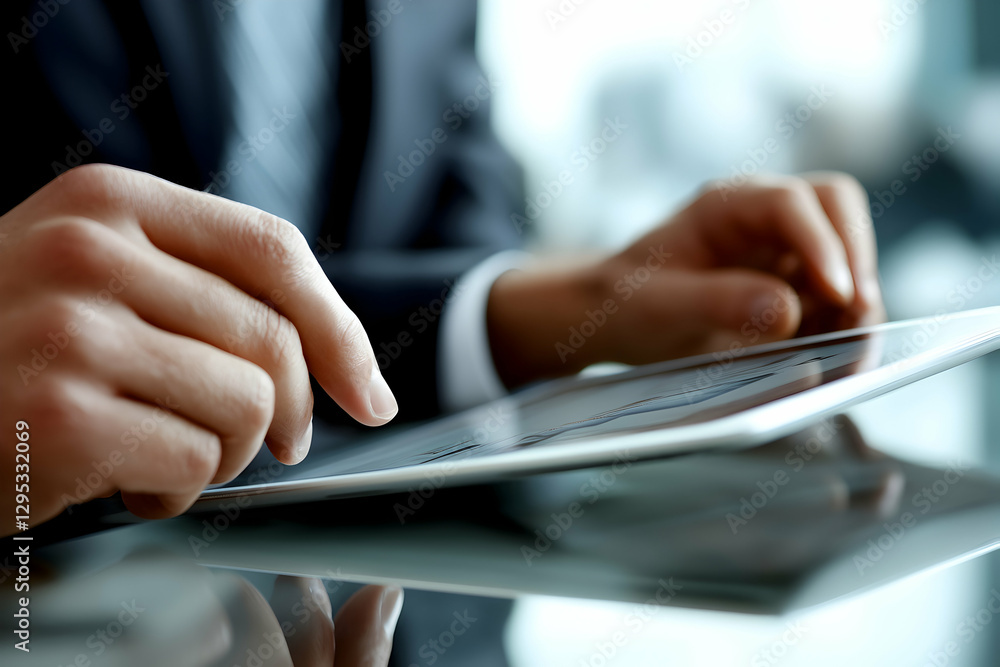 Poster close-up of executive using a modern digital tablet to browse financial data, showcasing technology 