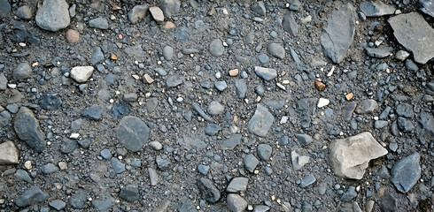 Close-up of an assortment of rocks and pebbles, forming a natural mosaic pattern on the ground, presenting an earth-toned, textured surface for backgrounds.