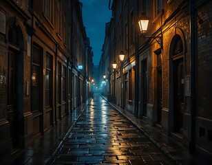 Fototapeta premium Cobblestone Lane: A Nocturnal Street Scene in Moody Lighting