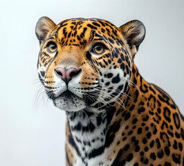Obraz premium Close-Up Portrait of a Captivating Jaguar, Majestic Feline Beauty with Intense Gaze, Showcasing its Intricate Coat Patterns and Powerful Presence on a Clean White Background