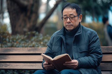 Obraz premium 公園のベンチで本を読むめがねをかけた男性