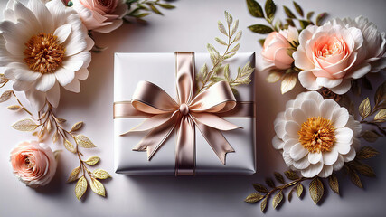A beautifully wrapped Mother’s Day gift with floral decorations