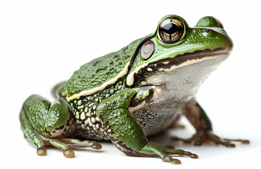 Obraz premium Close-up Portrait of a Green Frog, Revealing Its Textured Skin and Captivating Golden Eyes on a Clean White Background, Creating a Striking and Detailed Image