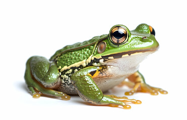 Obraz premium Close-up Portrait of a Green Tree Frog Exhibiting Intricate Details and Vibrant Colors on a Clean White Background Providing a High-Quality Studio Shot