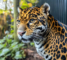 Obraz premium Close-up Portrait of a Jaguar Captivating Gaze in its Natural Habitat, Showcasing the Majestic Beauty and Power of this Iconic Big Cat with Striking Detail