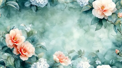 A romantic watercolor painting of blush camellias intertwined with pale hydrangeas, resting on a muted dusty green canvas, with soft gradients and flowing strokes for a timeless feel.