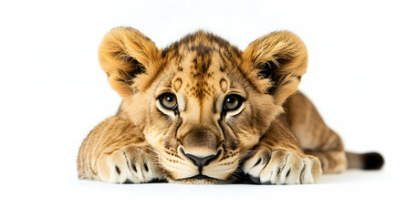 Obraz premium Close-up Portrait of a Playful Lion Cub, Innocence and Wonder Captured in Studio Shot, Exploring the World Through the Eyes of a Young Predator