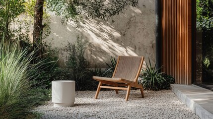 Serene Outdoor Patio with Modern Chair and Side Table