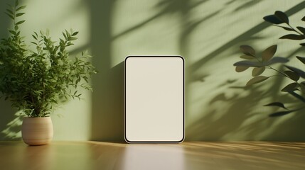 A digital tablet with a white screen mockup and decor on a table against a green wall in a room.