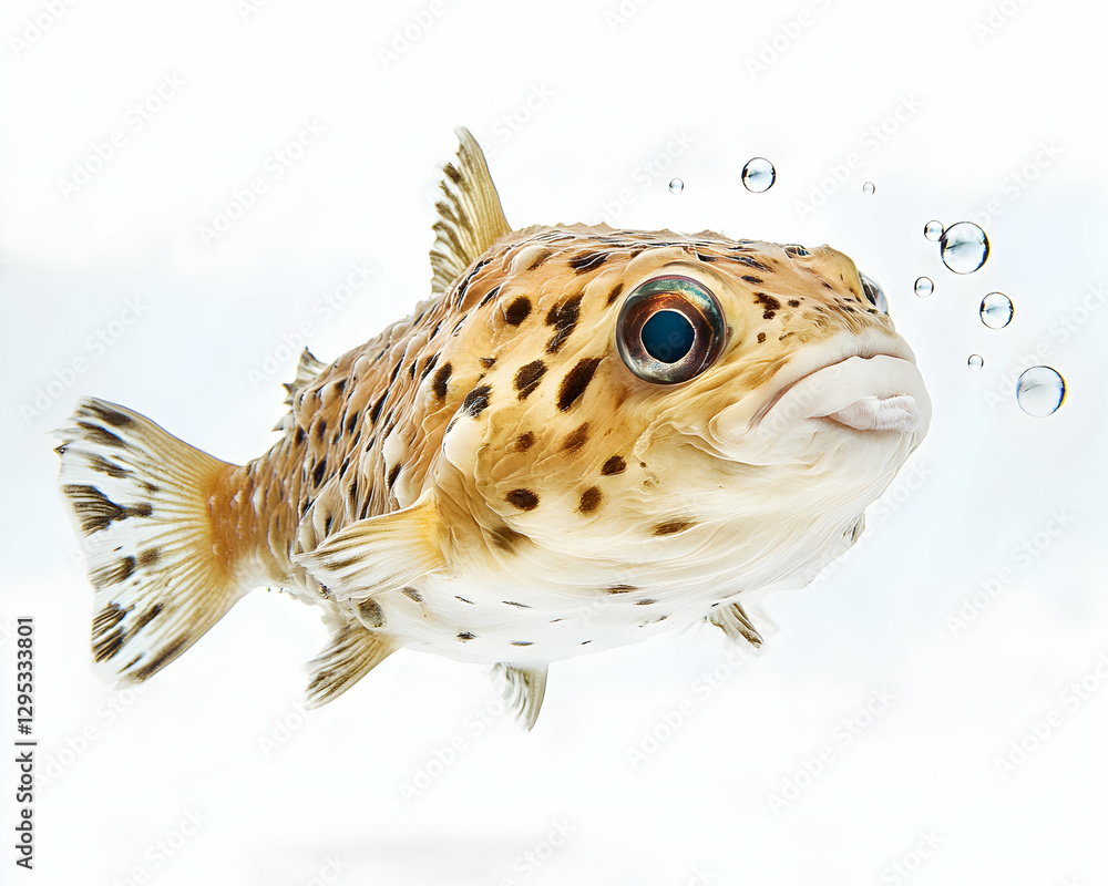 Poster close-up studio shot of a puffer fish on a white backdrop with floating bubbles, capturing its uniqu