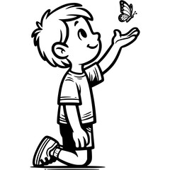 Kind boy releases a butterfly in monochrome. Simple minimalistic vector in black ink drawing on transparent back