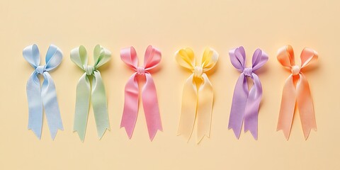 Fototapeta premium A flat lay of cancer awareness ribbons in multiple colors arranged neatly on a pastel yellow background
