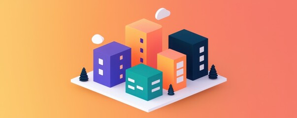 A colorful, modern cityscape featuring geometric buildings on a minimalist platform against a gradient background.