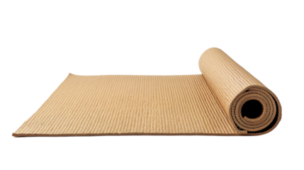 Rolled-up light brown exercise or yoga mat on transparent background