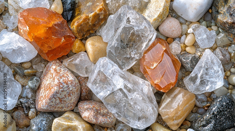 Wall mural close-up of various natural stones and minerals displaying unique textures and colors on the surface