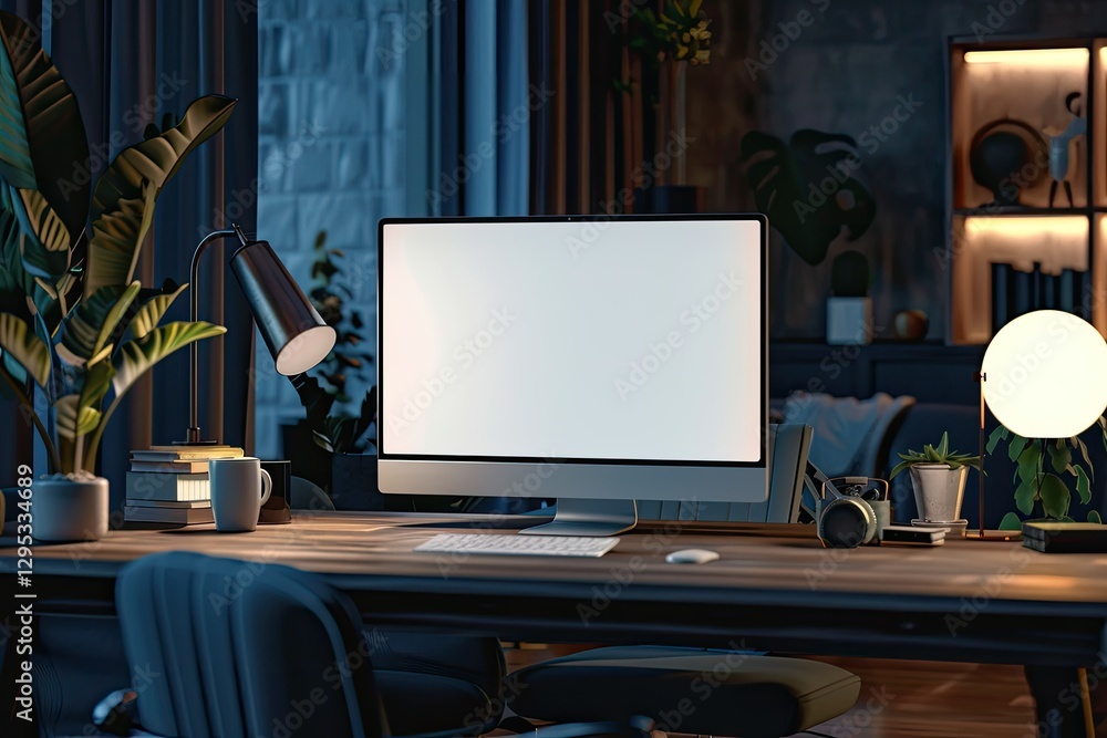 Poster modern and comfortable workspace with white pc desktop computer mockup on the table
