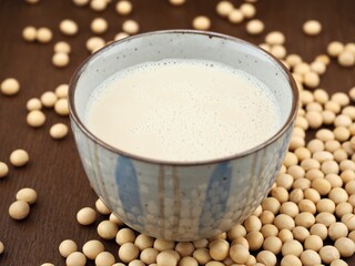 신선한 유기농 두유와 콩