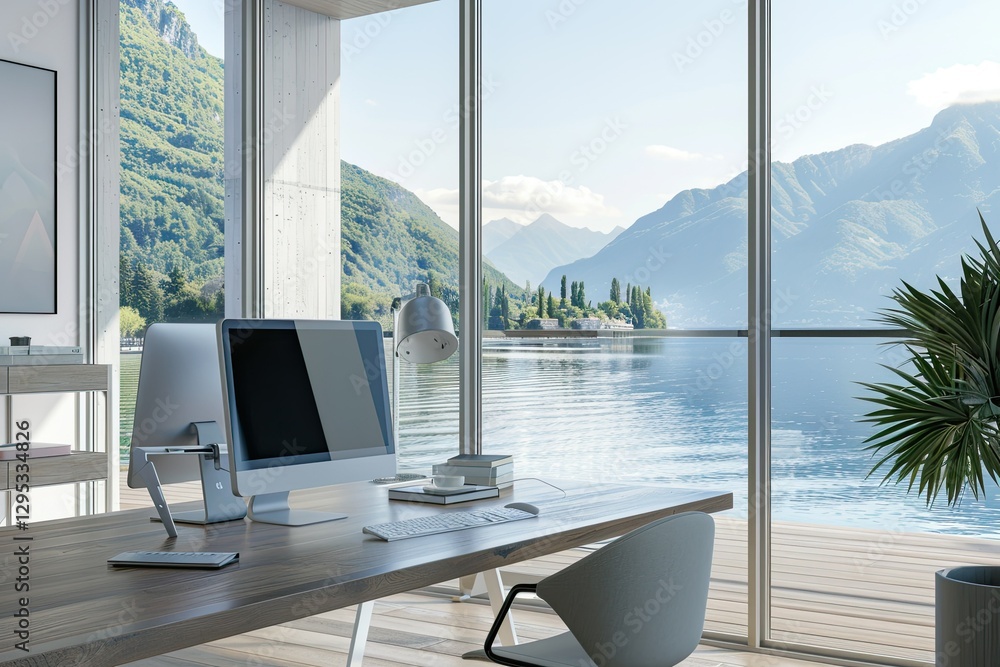 Poster modern luxury workspace with pc computer mockup on wood table against lake view through the window