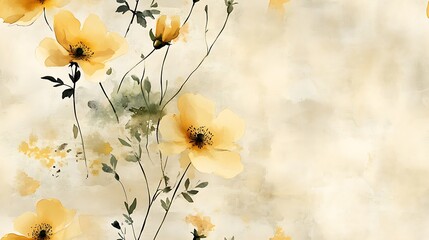 A serene watercolor composition of minimal line-art flowers, painted in soft yellow and muted green tones, elegantly placed on a textured taupe background with gentle brushstrokes and fine lines.