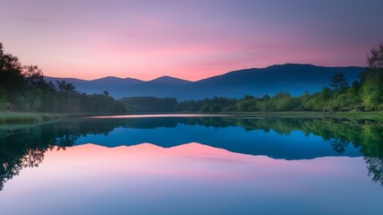 Reflective Tranquility: Captivating scenery of a serene lake mirroring a colorful dawn, embraced by rolling hills and vibrant trees. A peaceful escape where nature's beauty unfolds.