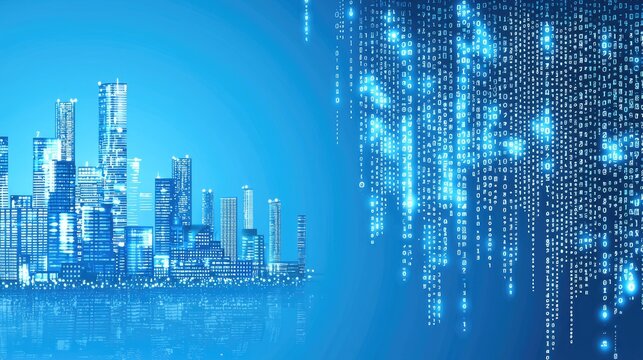 Futuristic city skyline with digital code