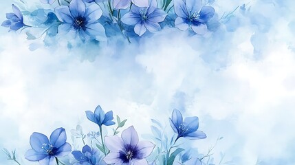 A serene watercolor composition of scattered bluebells and violets on a soft sky-blue canvas, with translucent washes and a dreamy, peaceful ambiance. --ar 16:9 --tile