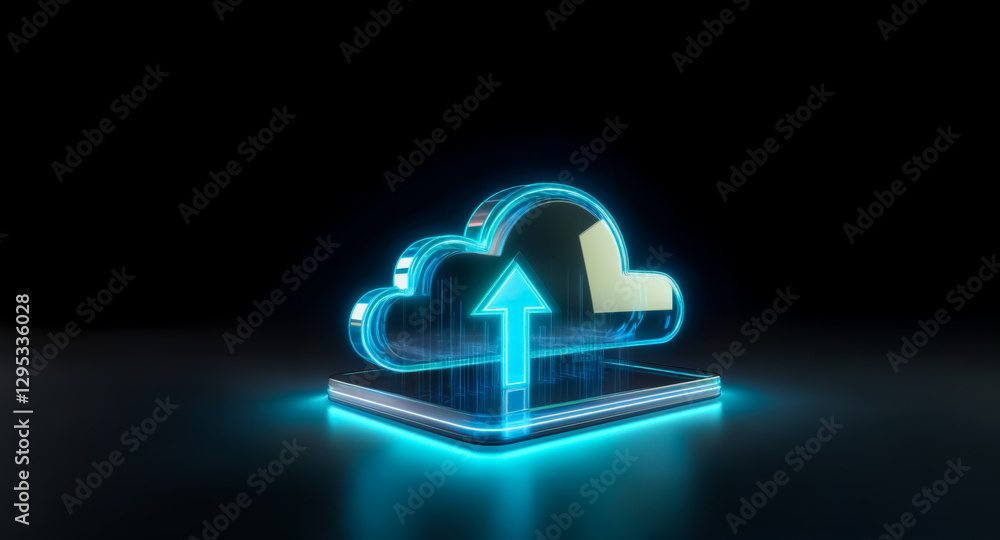 Poster neon blue cloud icon with upward arrow, symbolizing digital upload against a dark backdrop. represen