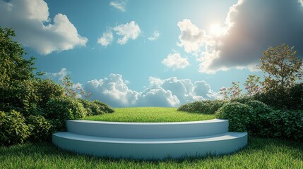 white podium backdrop with grass field and sky background catoon